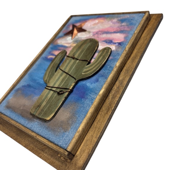 Mixed Media Wall Art Saguaro Cactus Scene Sunset Stars Desert Southwest 6 x 8 - Picture 3 of 5